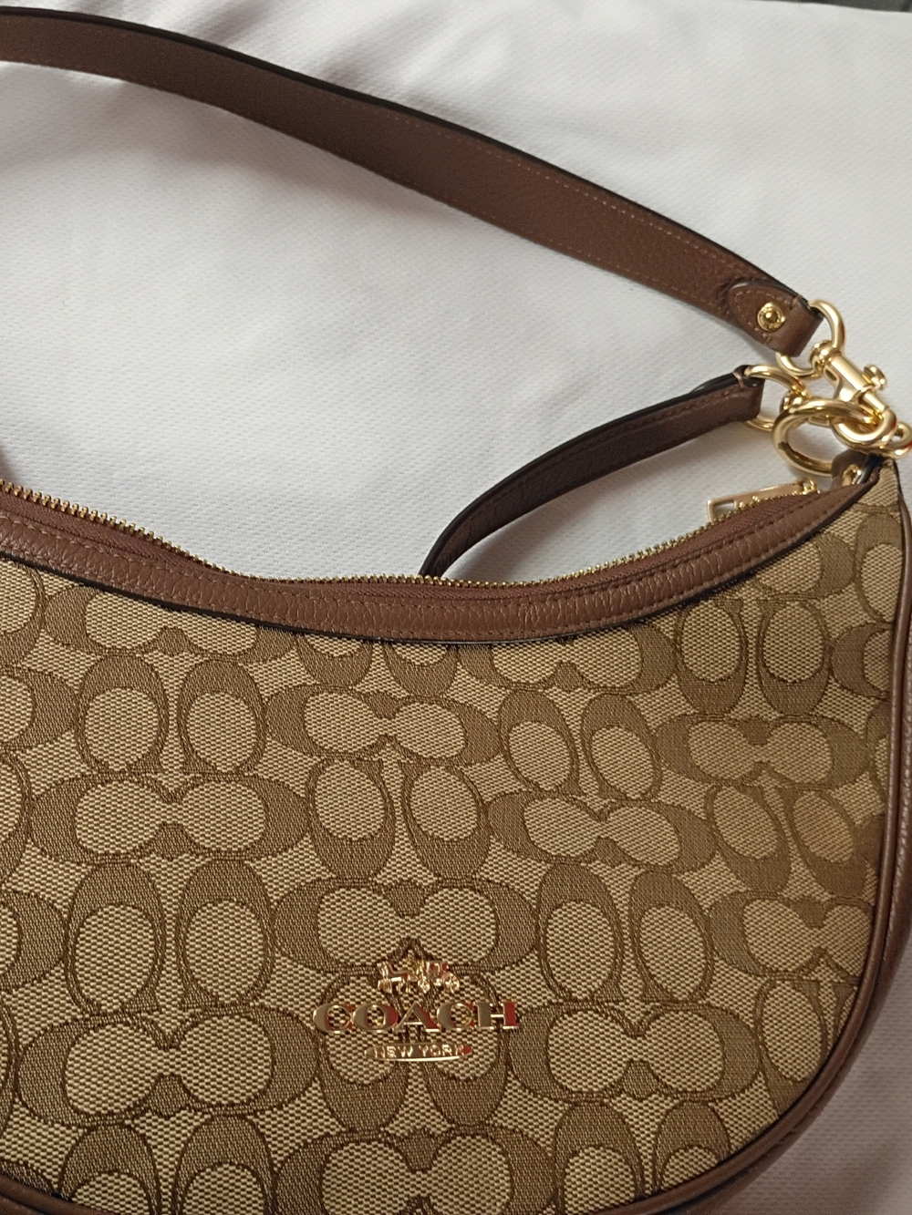 Coach Tan/Brown Signature Crescent Shoulder Bag with Gold Hardware